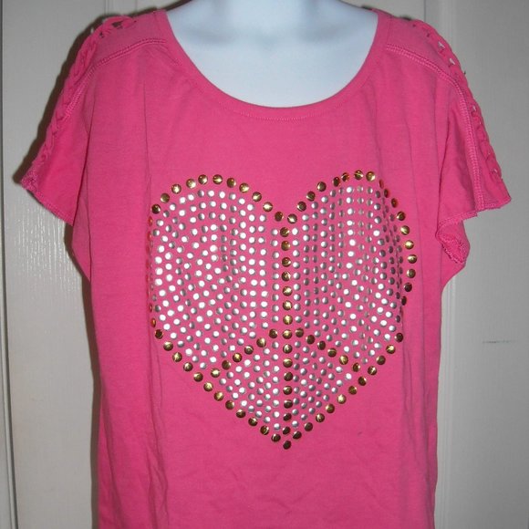 💕 3/$25 💕NWT Macy's Planet Gold Girl's L Valentines Tee Studded Heart - Picture 2 of 4